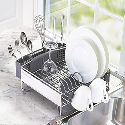 KitchenAid Compact Space Saving,Dish Rack with Removable Flatware Caddy and Angled Self Draining Drainboard,Satin Gray,15-Inch-by-13.25-Inch,(Pack of 2) - color: Gray, size: Compact (Pack of 2)