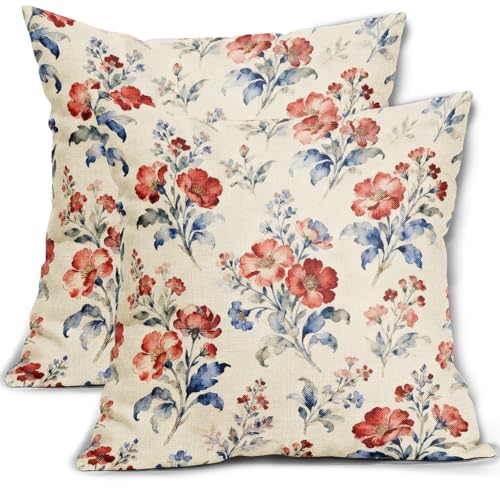 4th of July Patriotic Floral Pillow Covers 16x16 Inch Set of 2, Blue Red Vintage Rustic Flower Decorative Throw Pillow Cases Independence Memorial Day Cushion Covers Outdoor Sofa Couch Decor - color: Blue Red, size: 16" x 16" (Pack of 2)