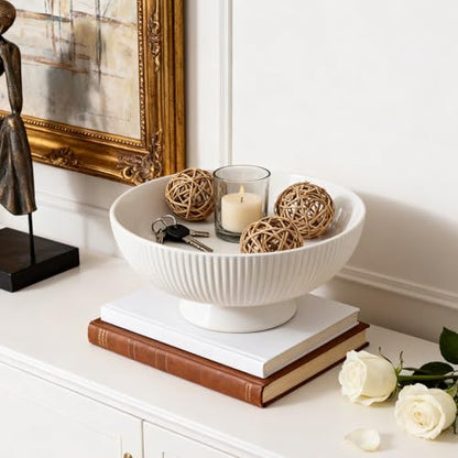 Gutedeal 10 Inch Large Decorative Bowl Handmade Ceramic Matte White Striped Decor Bowls, Spacious Fruit & Key Catch All Bowl for Kitchen Counter, Entryway, Centerpiece, Wedding - size: 10 Inch