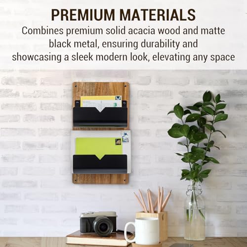 MyGift 2-Tier Wall Mounted Mail Holder, Matte Black Metal and Premium Acacia Wood Backboard Mail and Letter Organizer