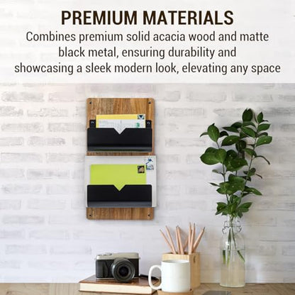 MyGift 2-Tier Wall Mounted Mail Holder, Matte Black Metal and Premium Acacia Wood Backboard Mail and Letter Organizer