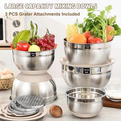 Umite Chef Mixing Bowls with Airtight Lids Set, 8PCS Stainless Steel Nesting Bowls with Grater Attachments, Non-Slip Bottoms, 5, 4, 3.5, 2, 1.5QT for Mixing & Serving - color: Khaki