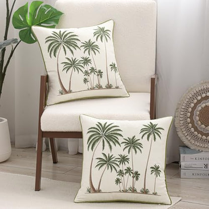 Palm Tree Embroidered Throw Pillow Covers 18x18 Pack of 2 | Ocean-Themed,Durable Fabric,Square Pillow Cover,Boho Decorative,Hidden Zipper,Aesthetic Design,Ideal Gift,Machine Washable - color: Tropical Palm Trees Green