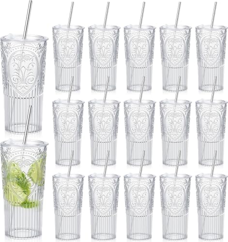 16 Set 20oz Vintage Plastic Tumbler with Lids and Straws Ribbed Floral Drinking Glasses Reusable Iced Coffee Cups for Water Juice Smoothie Cocktail Travel Party Events Gift (Clear) - color: Clear