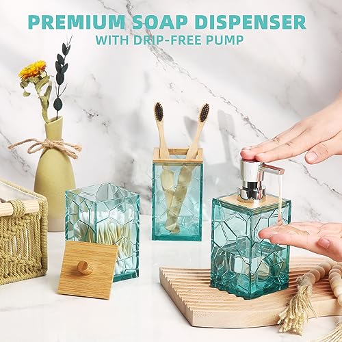 GAHEFY Teal Blue Beach Bathroom Accessories Set, Toothbrush Holder, Soap Dispenser, Cotton Swabs Holder, Soap Dish, Toilet Brush with Holder, Boho Bamboo Bathroom Decor,Acrylic (Teal) - style: Teal-5pcs