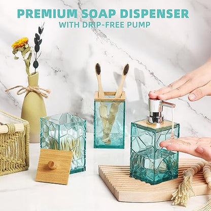 GAHEFY Teal Blue Beach Bathroom Accessories Set, Toothbrush Holder, Soap Dispenser, Cotton Swabs Holder, Soap Dish, Toilet Brush with Holder, Boho Bamboo Bathroom Decor,Acrylic (Teal) - style: Teal-5pcs