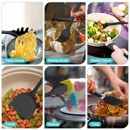 E-far Silicone Cooking Utensils Set, 25 Piece Kitchen Utensils with Holder, Non Toxic Kitchen Tools Spatula, Turner, Spoon, Ladle for Nonstick Cookware, Heat Resistant & Dishwasher Safe - Black - color: Black