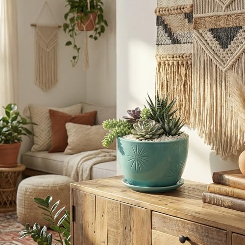 MyGift 7-Inch Turquoise Ceramic Planter Pot with Drainage Hole & Saucer | Round Embossed Sunburst Container for Indoor Plants, Succulents, Cactus, Herbs & Flowers with Attached Saucer - color: Turquoise