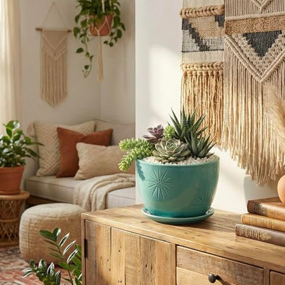 MyGift 7-Inch Turquoise Ceramic Planter Pot with Drainage Hole & Saucer | Round Embossed Sunburst Container for Indoor Plants, Succulents, Cactus, Herbs & Flowers with Attached Saucer - color: Turquoise