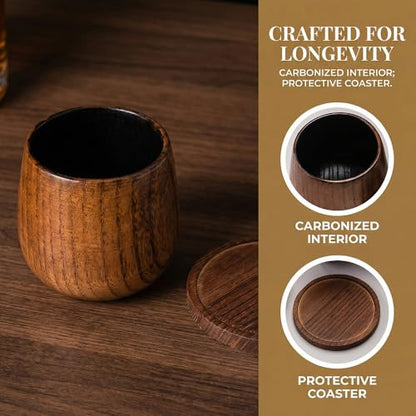 Charred Wooden SignatureHour Whiskey Glasses Wooden Set with Premium Whiskey Stones – Perfect Birthday, Anniversary, Bachelor for Men
