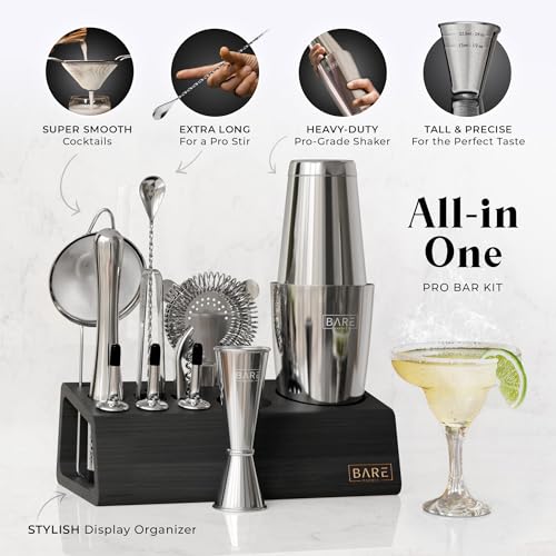 BARE BARREL® Mixology Bartender Kit Bar Set | 14-Piece Cocktail Shaker Set | Martini Barware Mixing Tools for Home Bartending | Incl. 35 Recipe Cards | Gift Set (28oz Boston Shaker, Silver/Black) - color: Silver/Black