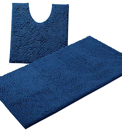 Bathroom Rugs Sets 2 Piece, Luxury Chenille Bath Mat Set, Soft Plush Anti-Slip Bath Rug + U-Shaped Toilet Mat. Microfiber Shaggy Carpet, Super Absorbent (24” x 36” & 20” x 24” U, Blue) - color: Blue, size: 2 Piece Set - Large