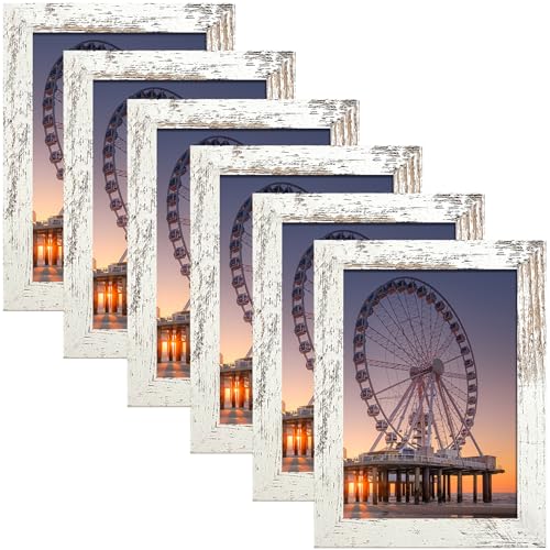 BESCRCL 5x7 Picture Frame Engineered Wood Set of 6, Distressed White Wooden Frame 5 x 7 for Wall or Tabletop - color: Distressed white, size: 5x7