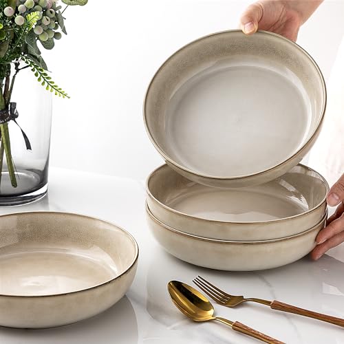 GBhome 8.75'' Large Ceramic Pasta Bowls, 38oz Stoneware Pasta Serving Bowls Set of 4 for Kitchen, Wide Bowls for Fruit,Pasta,Salad,Oatmeal,Meal, Microwave Safe, Reactive Glaze-Cappuccino - color: Cappuccino