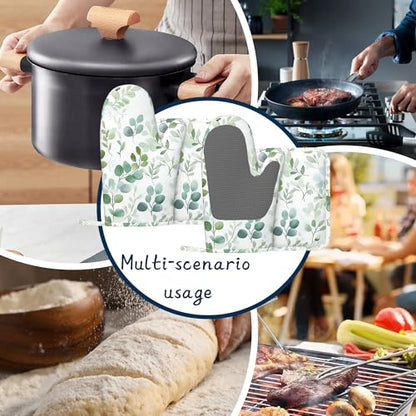 Eucalyptus Leaves Oven Mitts and Pot Holders Sets,Extra Long Watercolor Green Leaf Kitchen Mittens for Cooking,Thick Cotton Heat Resistant Silicone Cooking Utensils Set for Baking Cooking Grilling - color: Eucalyptus Leaves