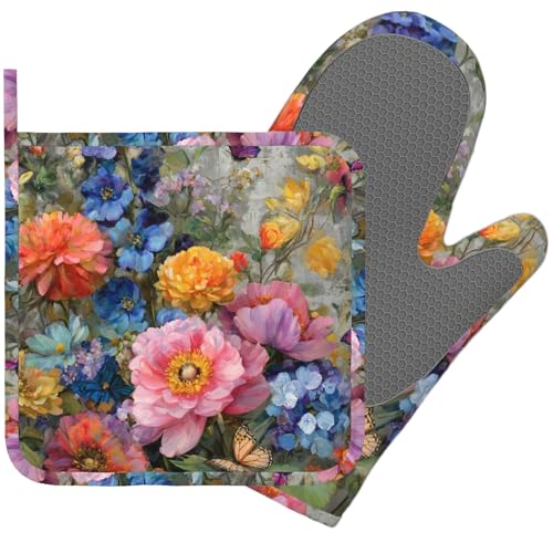 Wild Blooming Flowers Oven Mitts and Pot Holders Sets Butterflies Silicone Kitchen Mitts Potholders Heat Resistant Oven Gloves Hot Pads for Kitchen Baking Cooking BBQ - color: Wild Blooming Flowers
