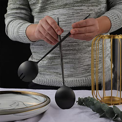 Salad Servers,Spoon and Fork Set 11.41 inch,18/10 Stainless Steel Salad Serving Titanium Plating (Black) - color: Black