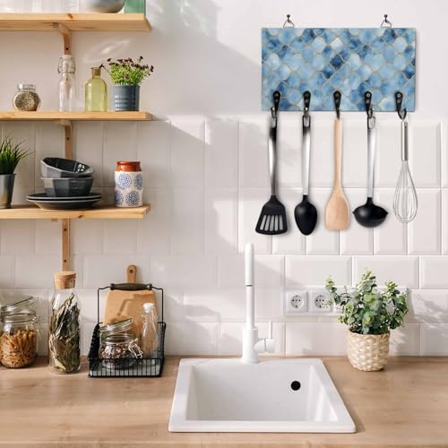 Key Holder for Wall Ombre Blue White Marble Decorative Hanging Key Rack Wall Mount with 5 Hooks Lattice Modern Art Organizer Wall Decor for Entryway Front Door Kitchen 9.4x5in