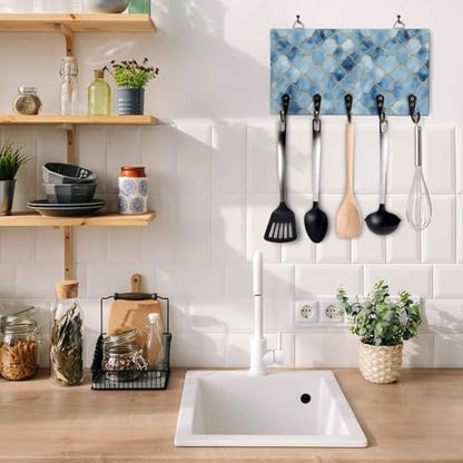 Key Holder for Wall Ombre Blue White Marble Decorative Hanging Key Rack Wall Mount with 5 Hooks Lattice Modern Art Organizer Wall Decor for Entryway Front Door Kitchen 9.4x5in