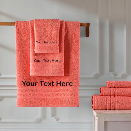 Hawmam Linen Personalized Towels - Customized Turkish Cotton Towel Set, Monogrammed Towels with Initials, Name & Embroidery, Idea for Weddings, Bridal Showers, Anniversaries, for Couples - Coral - color: Coral