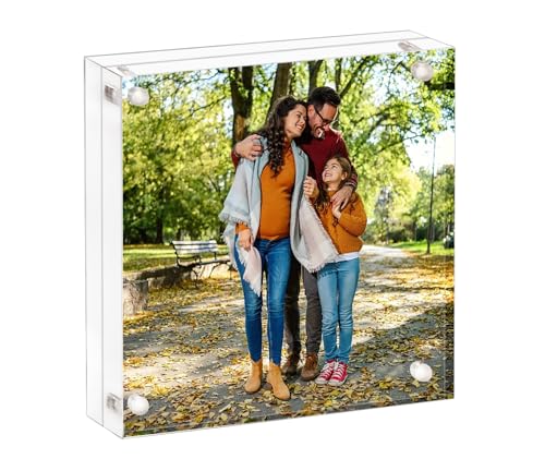 AMEITECH Acrylic Picture Frame 7x7, Clear Double Sided Frameless Photo Frame with Magnetic, Free Standing Desktop Acrylic Frame Display, Lucite Frame with Gift Box Package - 1 Pack | Double Sided Floating Magnetic Frames, 24mm Thick, Free Standing Desktop