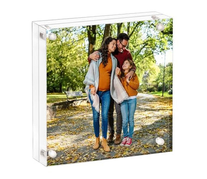 AMEITECH Acrylic Picture Frame 7x7, Clear Double Sided Frameless Photo Frame with Magnetic, Free Standing Desktop Acrylic Frame Display, Lucite Frame with Gift Box Package - 1 Pack | Double Sided Floating Magnetic Frames, 24mm Thick, Free Standing Desktop