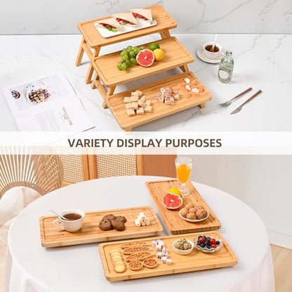 GEHE Natural Bamboo Cupcake Stand, Foldable 3 Tier Cupcake Display Stand Tower, Dessert Table Serving Tray for Birthday/Wedding/Christmas/Party, Charcuterie Boards - color: Bamboo Color