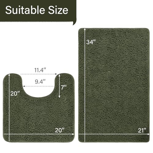 LOCHAS Bathroom Rugs Sets 2 Piece, 20''x20'' & 34''x21'', Olive Green | Non Slip U-Shaped Toilet Rug, Chenille Washable Absorbent, Soft Bath Mat Set for Shower, Sink - color: Olive Green