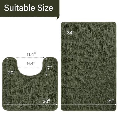 LOCHAS Bathroom Rugs Sets 2 Piece, 20''x20'' & 34''x21'', Olive Green | Non Slip U-Shaped Toilet Rug, Chenille Washable Absorbent, Soft Bath Mat Set for Shower, Sink - color: Olive Green