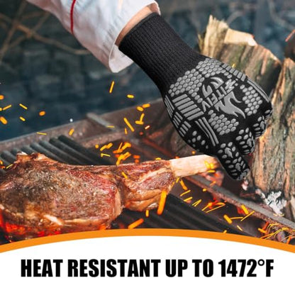 BBQ Gloves, 1472°F Heat Resistant with Silicone Grip Oven Mitts | Non-Slip Grip, for BBQ, Grilling, Oven, Smoker, Cooking and Baking - color: Gray, size: Long (Glove L 13.78" × Palm W 6.33")