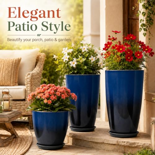 Neoaider Set of 3 Tall Planter, 24/21/12in Large Plastic Planter, Dark Blue | Ceramic-Look, Lightweight, Built-in Drain Hole, Saucers, Tall Outdoor Planter for Porch, Garden, Patio, Balcony - color: Dark Blue