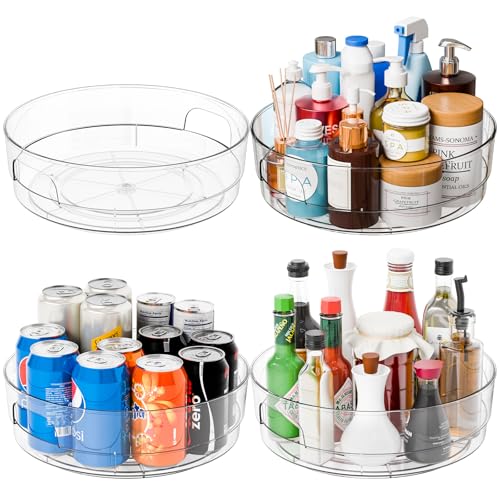 4 Pack 12" W Clear Acrylic Lazy Susan Turntable for Cabinet,Refrigerator,Pantry and Kitchen - with Handle - Large Fridge Sauce Condiment Turn Table Organizer,Spinning Round Spice Rack Carousel - size: 4 Pack-12 Inch