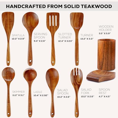 Zulay Kitchen 10-Piece Wooden Spoons for Cooking - Smooth Finish Teak Wooden Utensils for Cooking - Soft Comfort-Grip Wood Spoons for Cooking - Non-Stick Wooden Cooking Utensils - Wooden Spoon Sets - size: 10 Piece