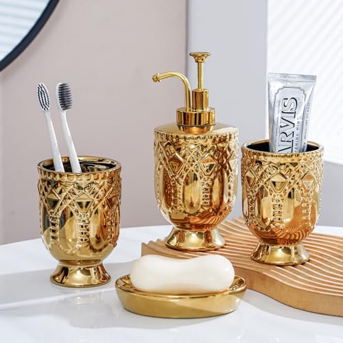 4-Piece Bathroom Accessory Set, Ceramic Bathroom Soap Dispenser Sets, Complete Gold Bath Decor Include Soap Dispenser, Toothbrush Holder, Tumblers,Soap Dish