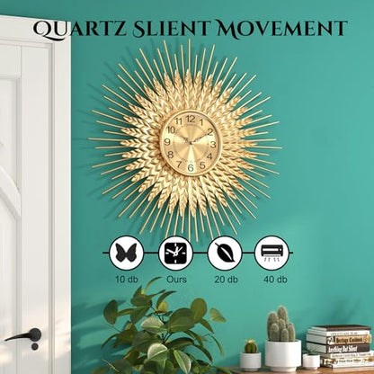 Large Mid Century Gold Wall Clock Decorative Modern Sunburst Wall Clocks, Metal Big Silent Non-Ticking Clock, Luxury Home Gift Decor for Living Room, Bedroom, Dining Room, 28 inch - size: 4.Gold-Wheat(Dismountable-70cm)