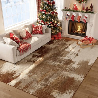 Kelarea Washable Area Rug 5x7, Non-Slip Low Pile Abstract Brown | Water & Stain Resistant, Pet Friendly, Easy Clean, Ultra Soft, for Living Room, Bedroom, Nursery, Ofiice - color: Brown, size: 5' x 7' (Rectangular)