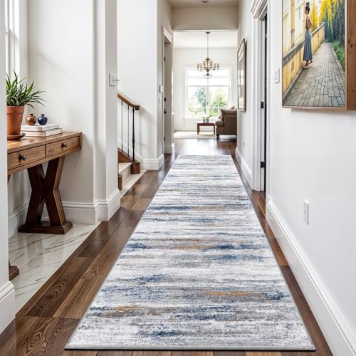 3x12 Washable Hallway Runner Rug: Extra Long Runners for Entryway Living Room Dining Room - Stain and Water Resistant Rugs with Non-Slip Backing - Soft Low-Pile Carpet 12ft Navy Grey - color: Navy/Grey, size: 3' x 12' (Runner)