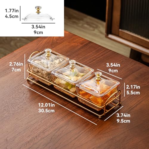 Serving Bowls with Lid and Metal Rack for Snack Salads Biscuit, Grey Set of 3 Removable Divided Glass Containers for Chips Nuts Condiments - size: 3 Pack