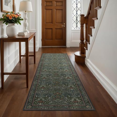 GENIMO 2x8 Washable Long Runner Rug, Non Slip Hallway Mat, Dark Green | Vintage Boho Floral Low Pile Thin Mat for Entryway, Kitchen, Bedroom, Indoor Decor - color: Dark Green, size: 2' x 8' (Rectangular)