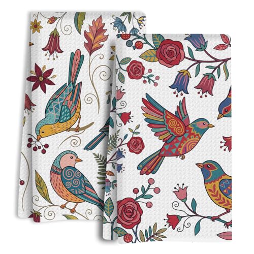 Cute Folk Art Bird Floral Kitchen Towels Set of 2, Dish Towels for Kitchen Soft Absorbent Tea Hand Towel for Home Cooking, Decorative Vibrant Boho Bird Colorful Scandinavian Style, 13.8 x 23.6 Inch - color: Birds 1459