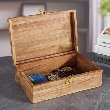 Acacia Wood Keepsake Box - Lockable Memory Box with Keys, Large Storage Box with Hinged Lid for Photos Jewelry Letters Mementos, Rustic Wooden Treasure Chest for Wedding Birthday Graduation