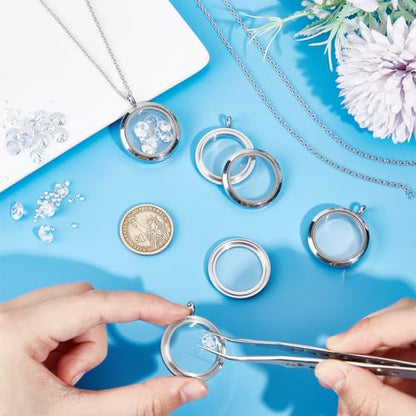4pcs Photo Locket Charms Necklace Round Stainless Steel Locket Pendants Crystal Double-Sided Picture Frame Memory Locket Charm with 17.7inch Chain for Wedding Jewellery Making Photo - color: Silver B