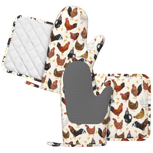 Rooster Hen Oven Mitts and Pot Holders Sets Silicone Rustic Domestic Animal Chicken Kitchen Mitts Potholders Heat Resistant 4Pcs Oven Gloves Hot Pads for Kitchen Baking Cooking BBQ Grilling - color: Rooster Hen