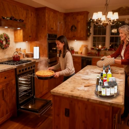 2-in-1 Spice Rack with Paper Towel Holder, Rotating Kitchen Countertop Storage, Lazy Susan Turntable Organizer, 2 Tier Wood tray for Kitchen, BBQ, Party, Tall Bottle Compatible