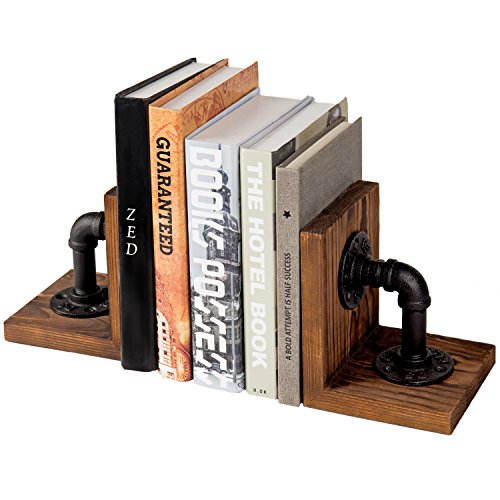 MyGift Rustic Wood Decorative Bookends with Industrial Pipe Design | Realistic Pipe Detail, Stable Support, Rustic Styling, Home Office Accent, Father’s Day Gift, Unique Shelf Display
