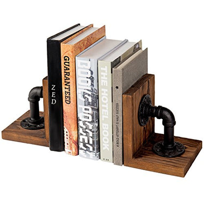 MyGift Rustic Wood Decorative Bookends with Industrial Pipe Design | Realistic Pipe Detail, Stable Support, Rustic Styling, Home Office Accent, Father’s Day Gift, Unique Shelf Display