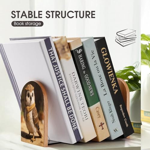 Checked Little Warm Owl Book Ends for Shelves Decorative Wooden Bookends Heavy Duty Non-Skid Book Stopper Modern Book Holder Cute Book Organizer for Home Office Library Desk Decor