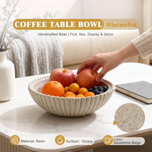 Large Resin Decorative Bowl 12 Inch, Fruit Bowl Sandstone Ruffle Key Bowl for Coffee Table Shallow Centerpiece Bowl Catch All Bowl for Kitchen Counter, Entryway, Living Room - size: 12 Inch