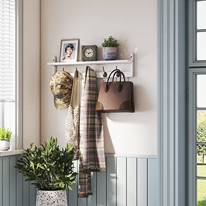 AMBIRD Wall Hooks with Shelf | Entryway Hanging Wood Coat Hooks | Wall-Mounted Rack with 5 Dual Hooks | Bathroom, Living Room, Bedroom (Modern). - size: 28.9inch, style: Modern White