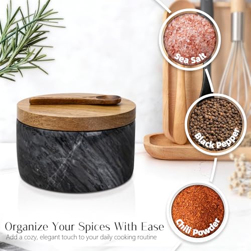 Marble Salt Cellar with Lid & Spoon, Salt Container, Salt Holder | Acacia Wood Lid, Wide Base with Non-Skid Feet, Moisture Proof Spice Cellars Keeps Salt, Pepper & Spices Dry, 6 oz (Grey) - color: Grey